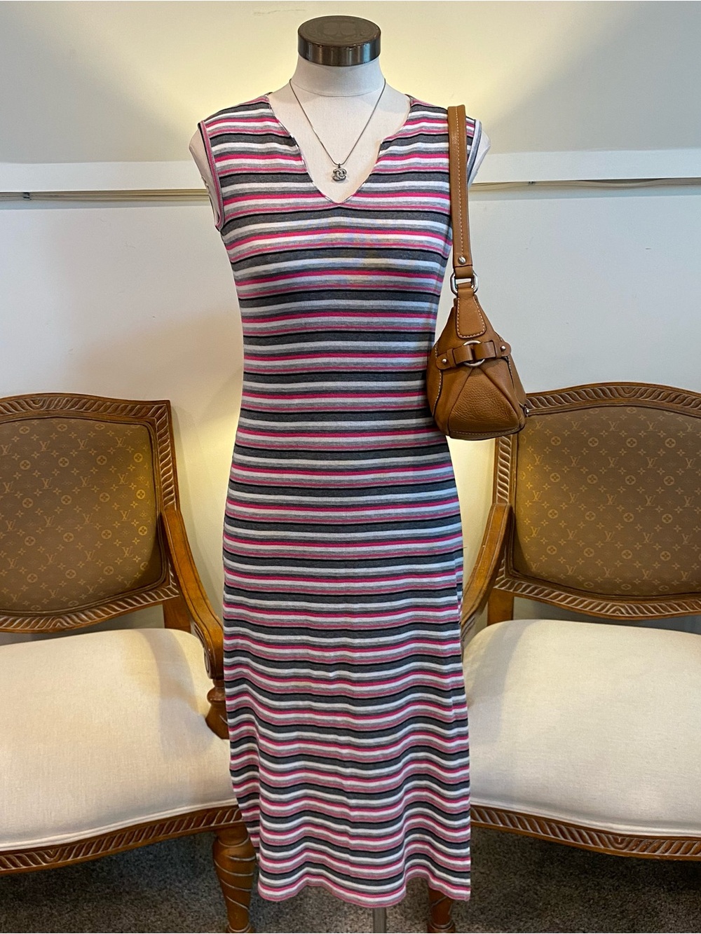 Vintage 90s Sleeveless Striped Cotton Knit Midi Dress in Pink and Gray, Small